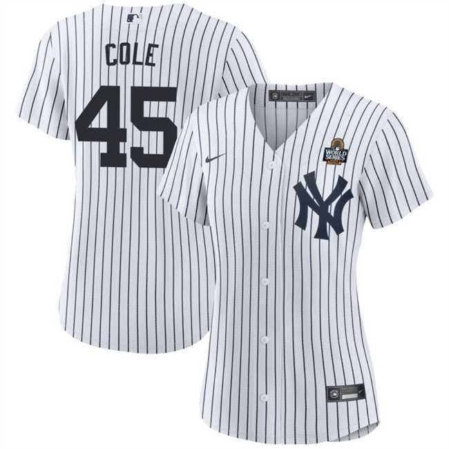 Women%27s New York Yankees #45 Gerrit Cole White 2024 World Series With Name Cool Base Stitched Jersey Dzhi
